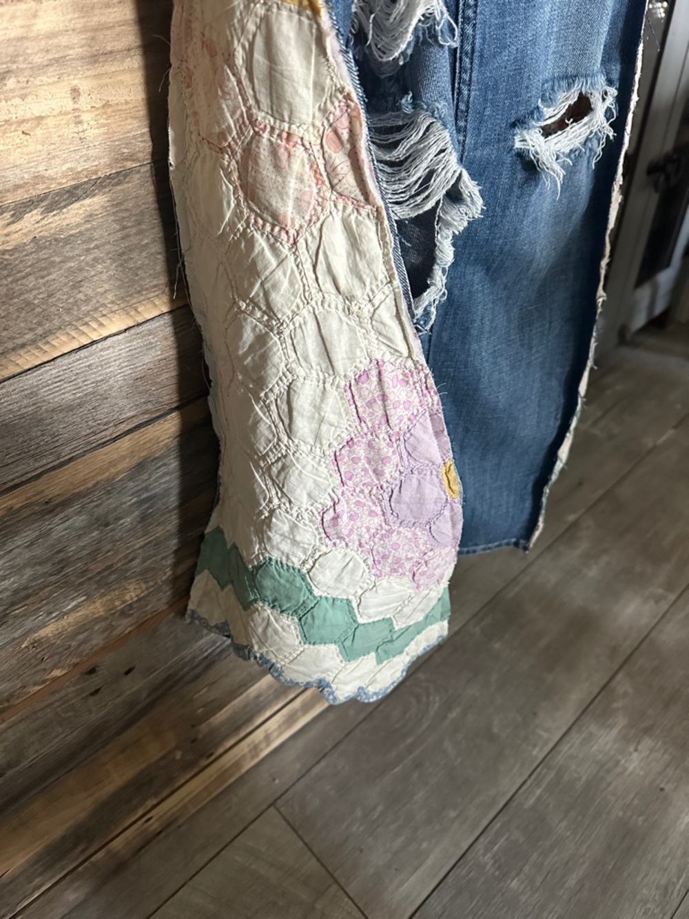 Denim upcycle vintage quilt Floral Patchwork Overalls - Picture 2 of 8